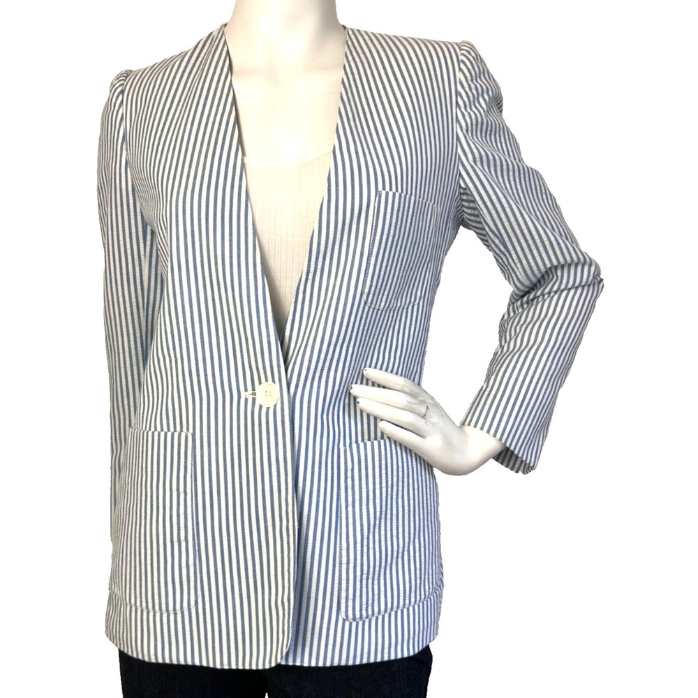 Vtg Evan-Picone Seersucker Blazer Strip Collarless Preppy Jacket Blue White 6P